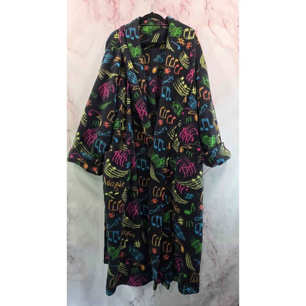 Vintage Robe Mens XL Black Rainbow Music Notes 90s Fleece Bath Heavyweight
